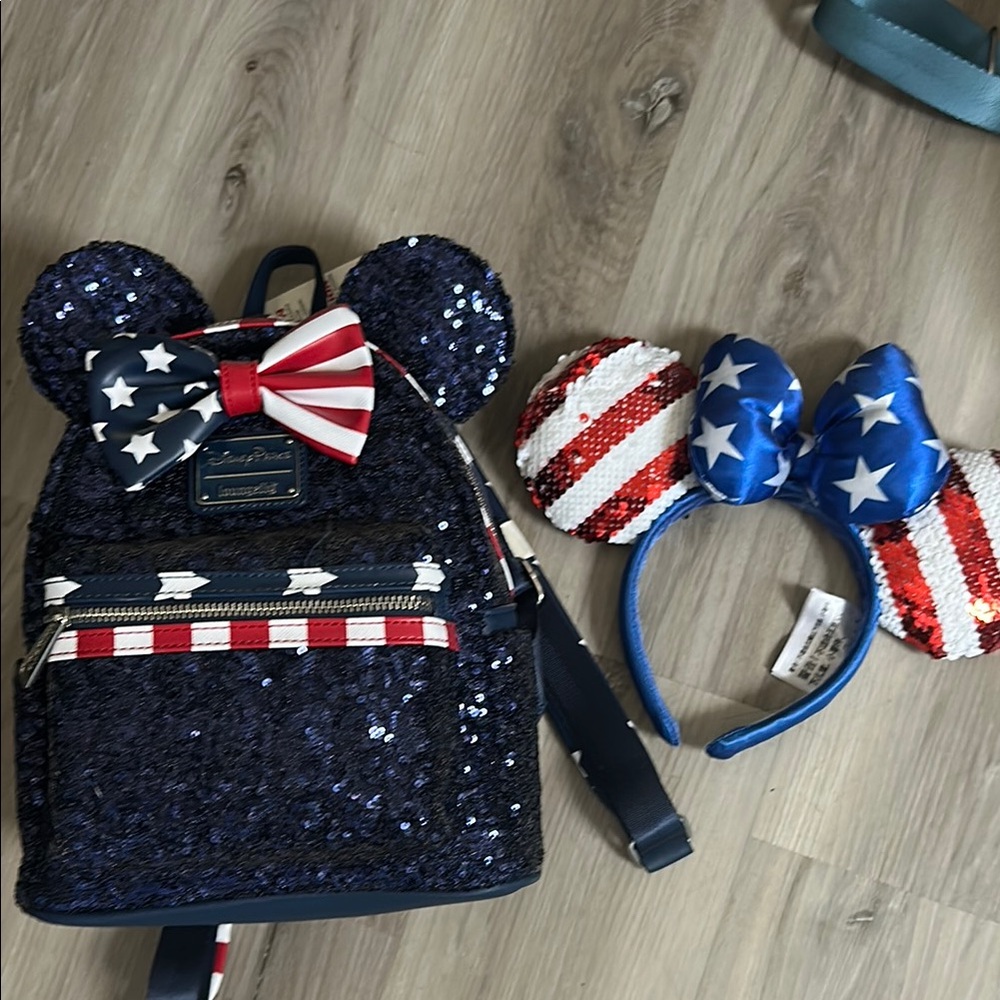 Loungefly Sequin Backpack and Headband Set - Blue, White and Red